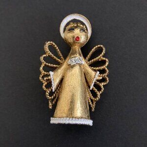 Vintage Christmas Gold Tone Mid Century MCM Angel Rhinestone Brooch